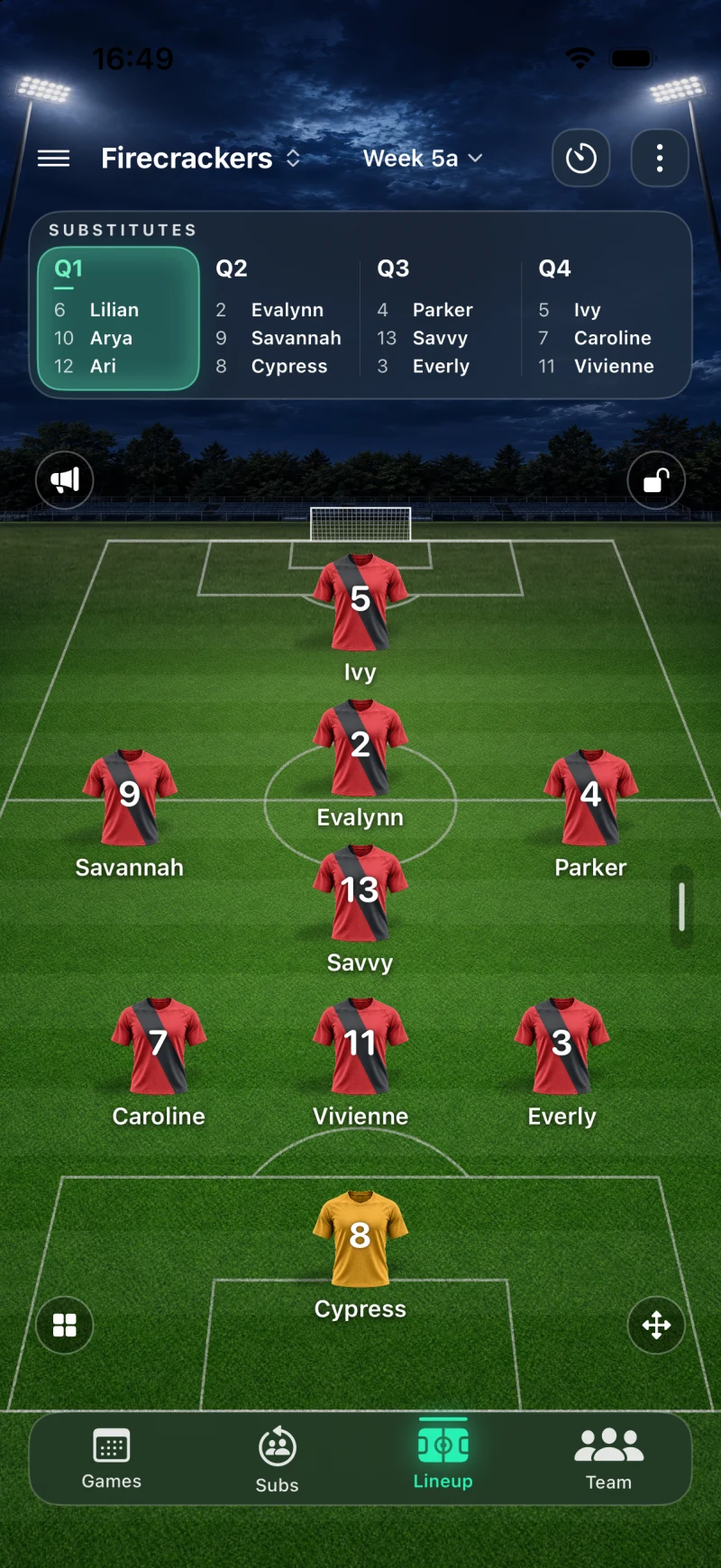 FLiCK ON’s Lineup screen in Light appearance, showing the layered pitch and the sample team’s four-quarter substitutes.