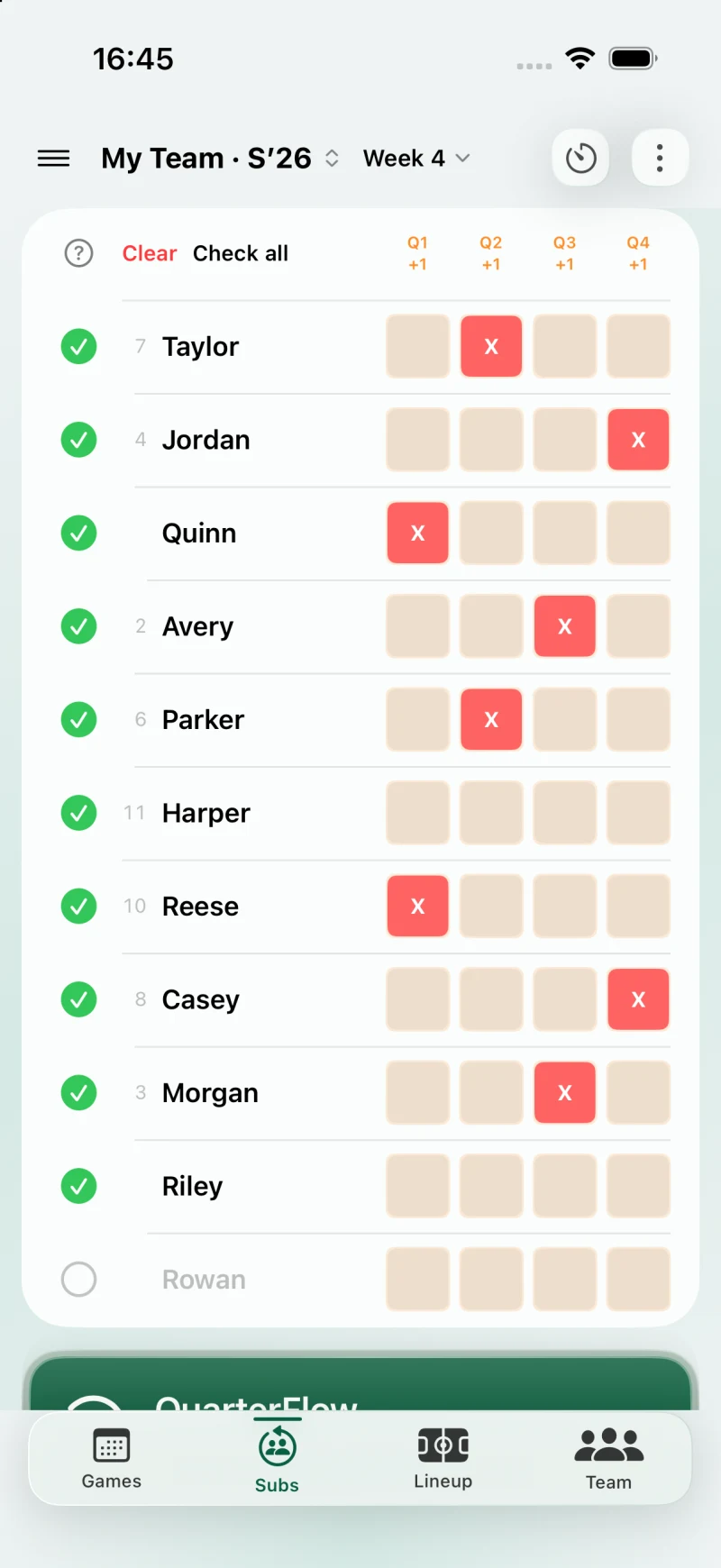The actual Subs screen in Light appearance lists sample-team attendance and shows each player’s sit-out quarters with red X marks.